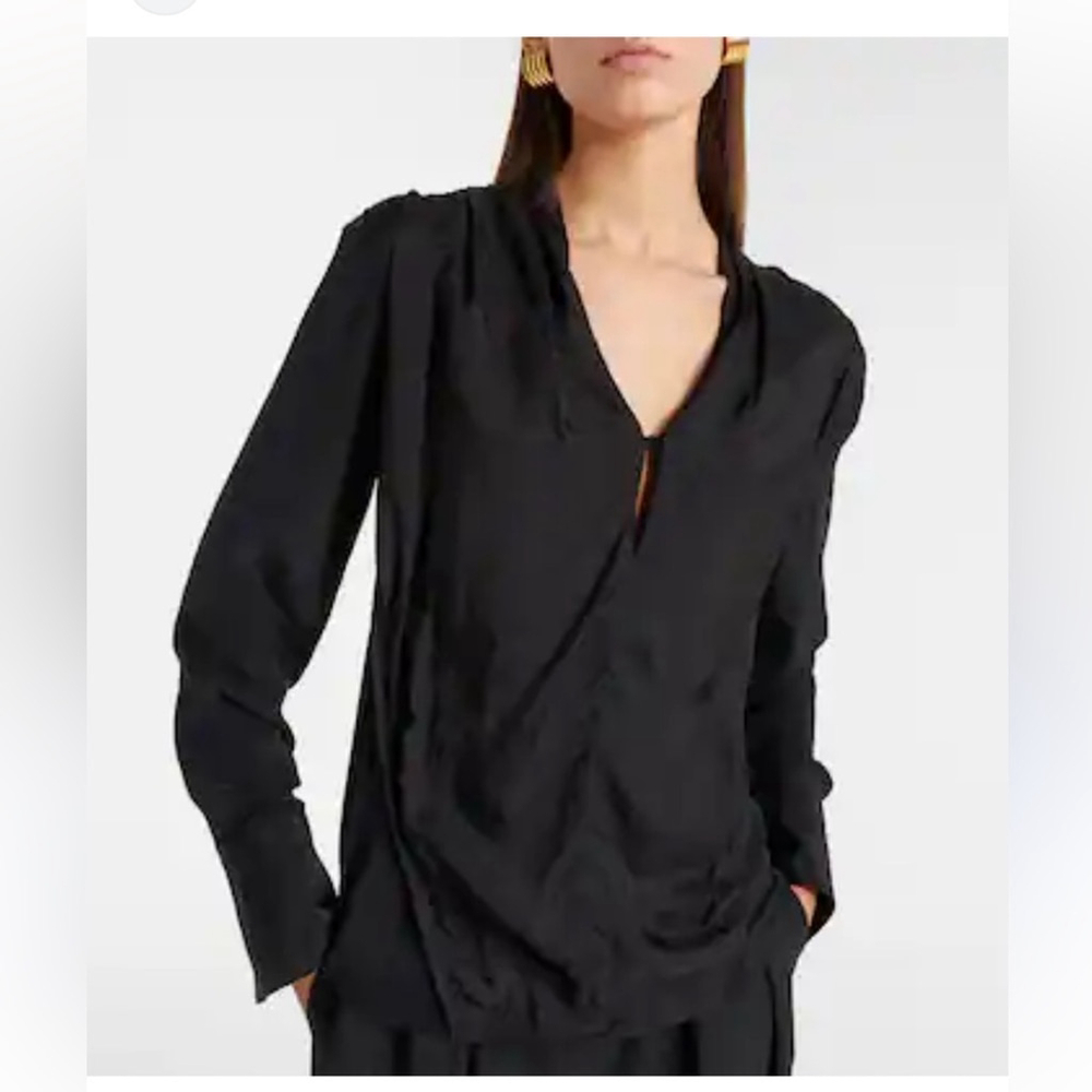 Silk Black Long Sleeve Blouse Minimal V Neck Draped Hem Classic Quiet Luxury